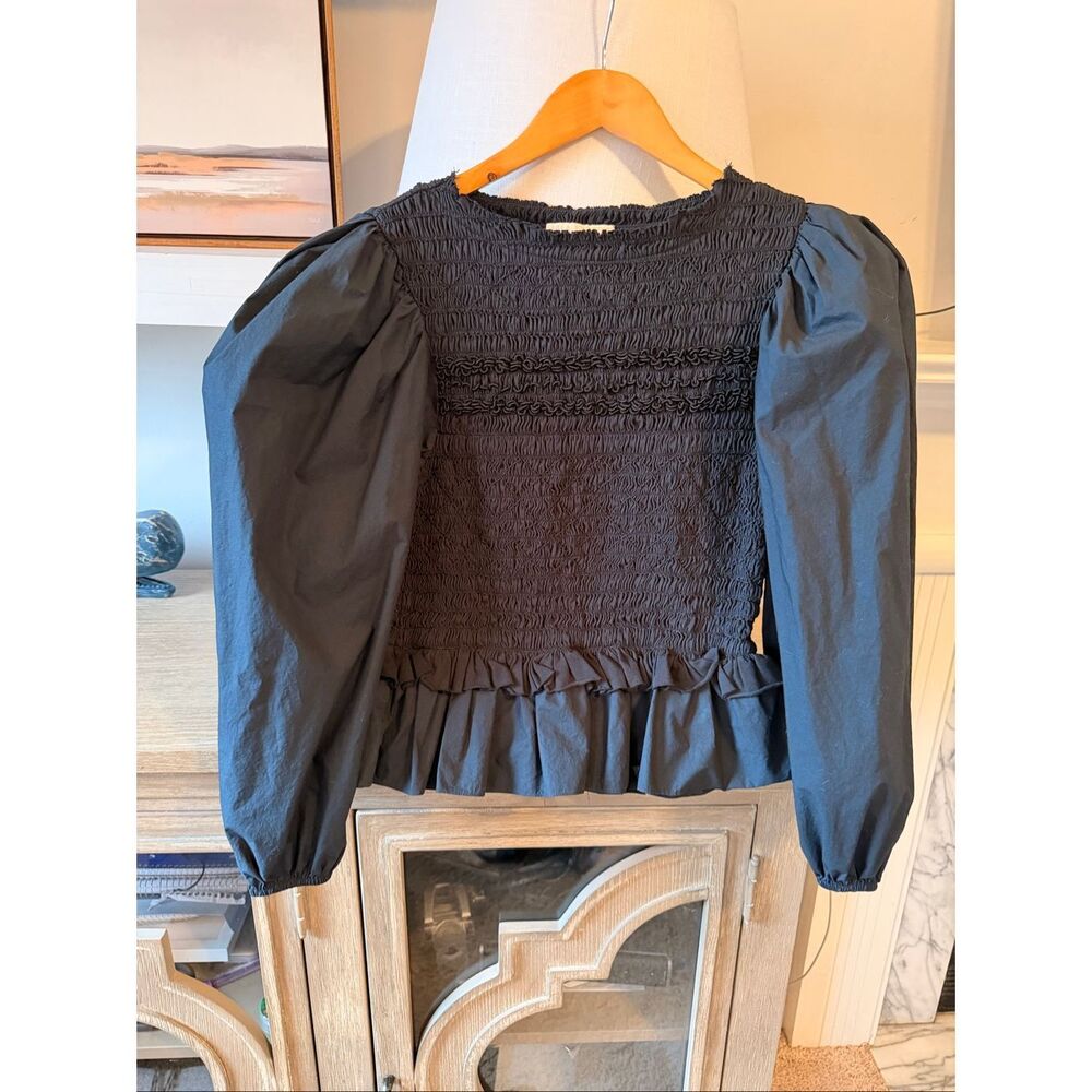 Ulla Johnson Amelia smocked‎ cotton-jersey and poplin blouse in black Size 6 - Picture 2 of 8